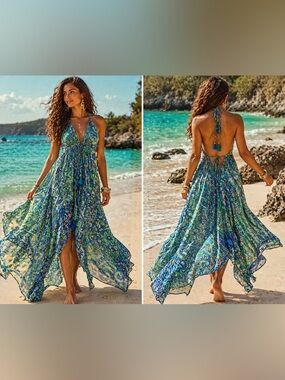 Boho Silk Halter Flowy Maxi Dress Blue Green Paisley Open Back Beach Vacation